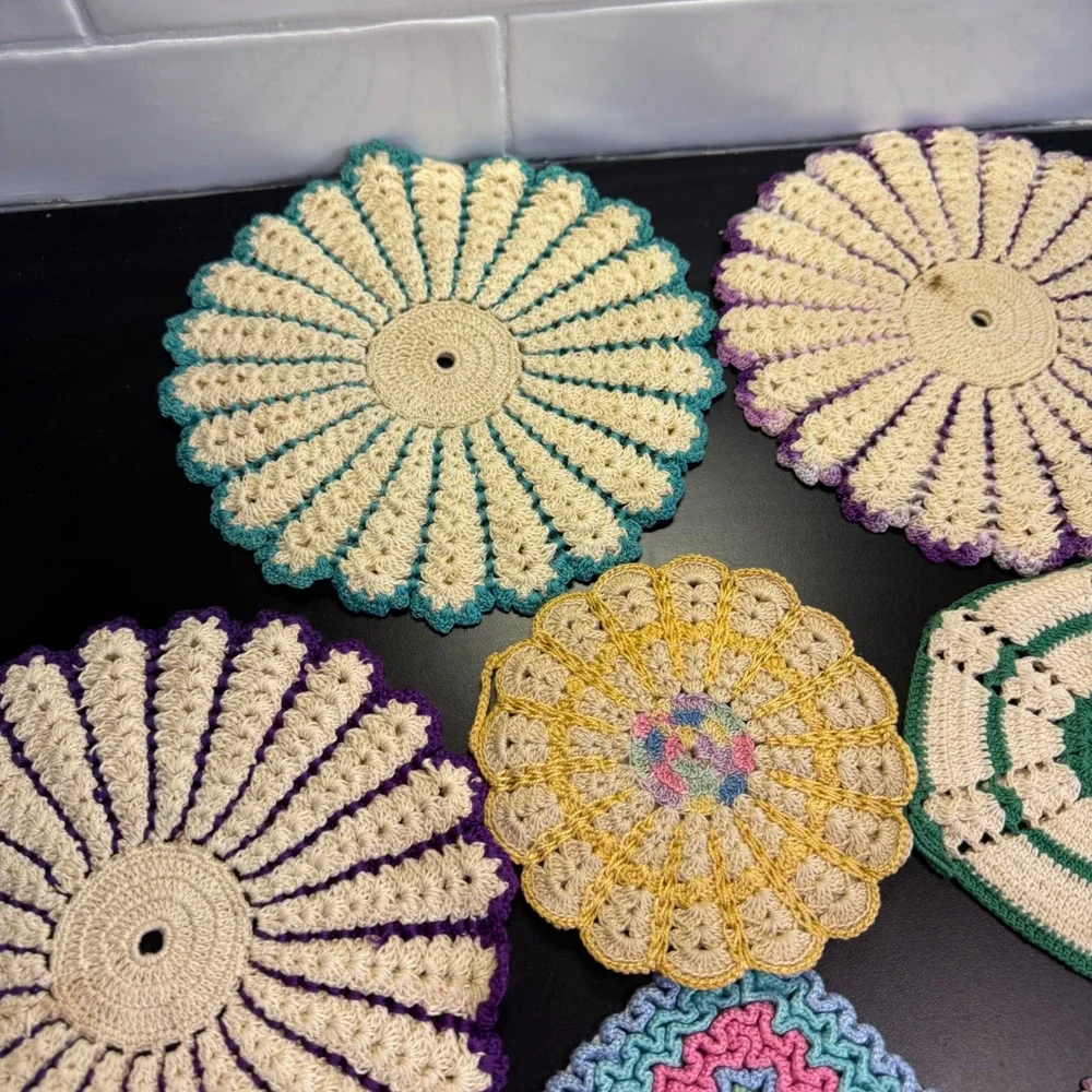 Handmade Crochet Pot Holders Trivets Set of 7 Multicolor Vintage Cottagecore